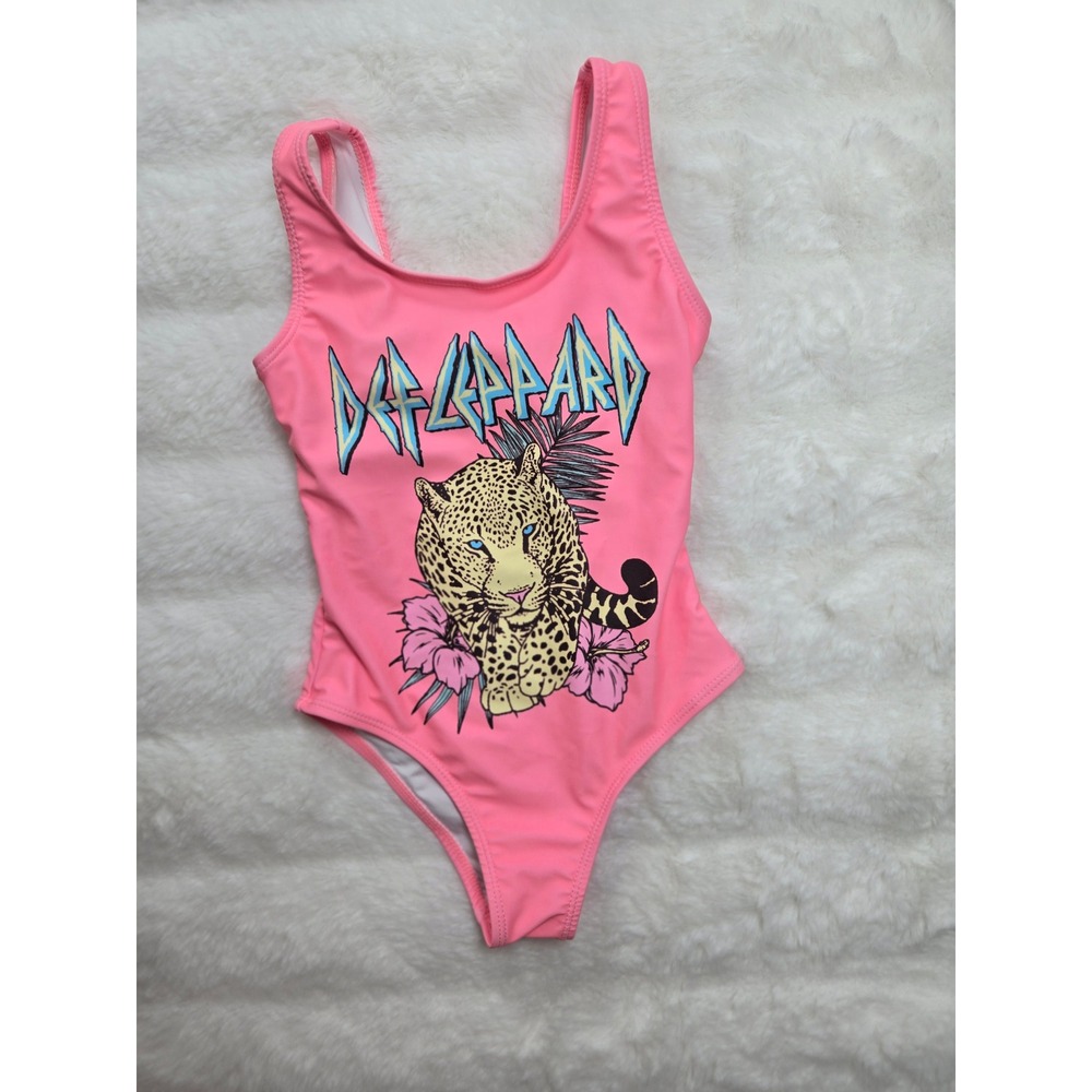 Def Leppard Girls Neon Coral Leopard Graphic One Piece Swimsuit Size 4/5 5350